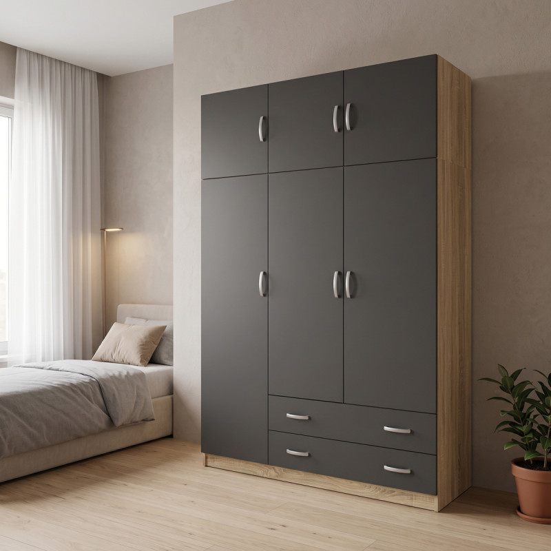Three door wardrobe with overhead storage Alvia pakoworld sonoma with anthracite 150x51x240cm