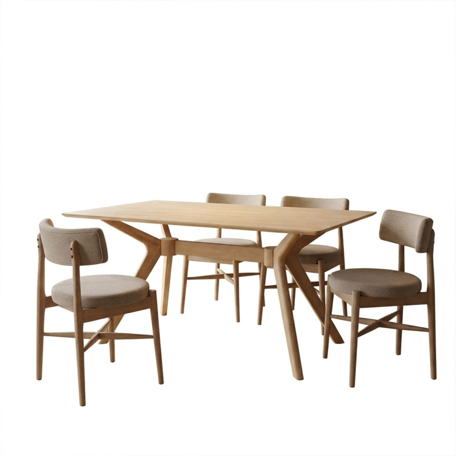 Τραπεζαρία με Καρέκλες Raudi μπεζ και Τραπέζι Raffles rubberwood σε φυσική απόχρωση 150x90x76εκ Σετ 5τεμ
