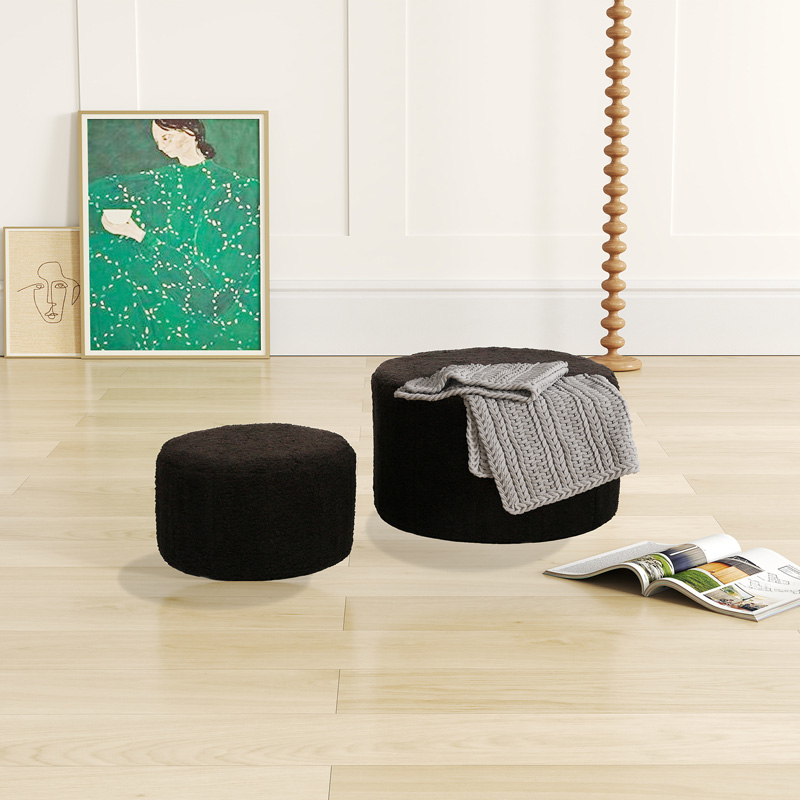 Stool - Pouf Gabello pakoworld boucle fabric in black color D44x26.5cm Stool - Pouf Gabello pakoworld boucle fabric in black color D44x26.5cm