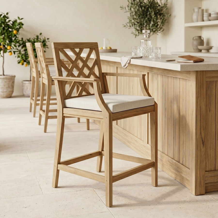 Σκαμπό μπαρ Amalfi pakoworld μασίφ ξύλο ακακίας-μπεζ ύφασμα 59x63.5x104.9εκ