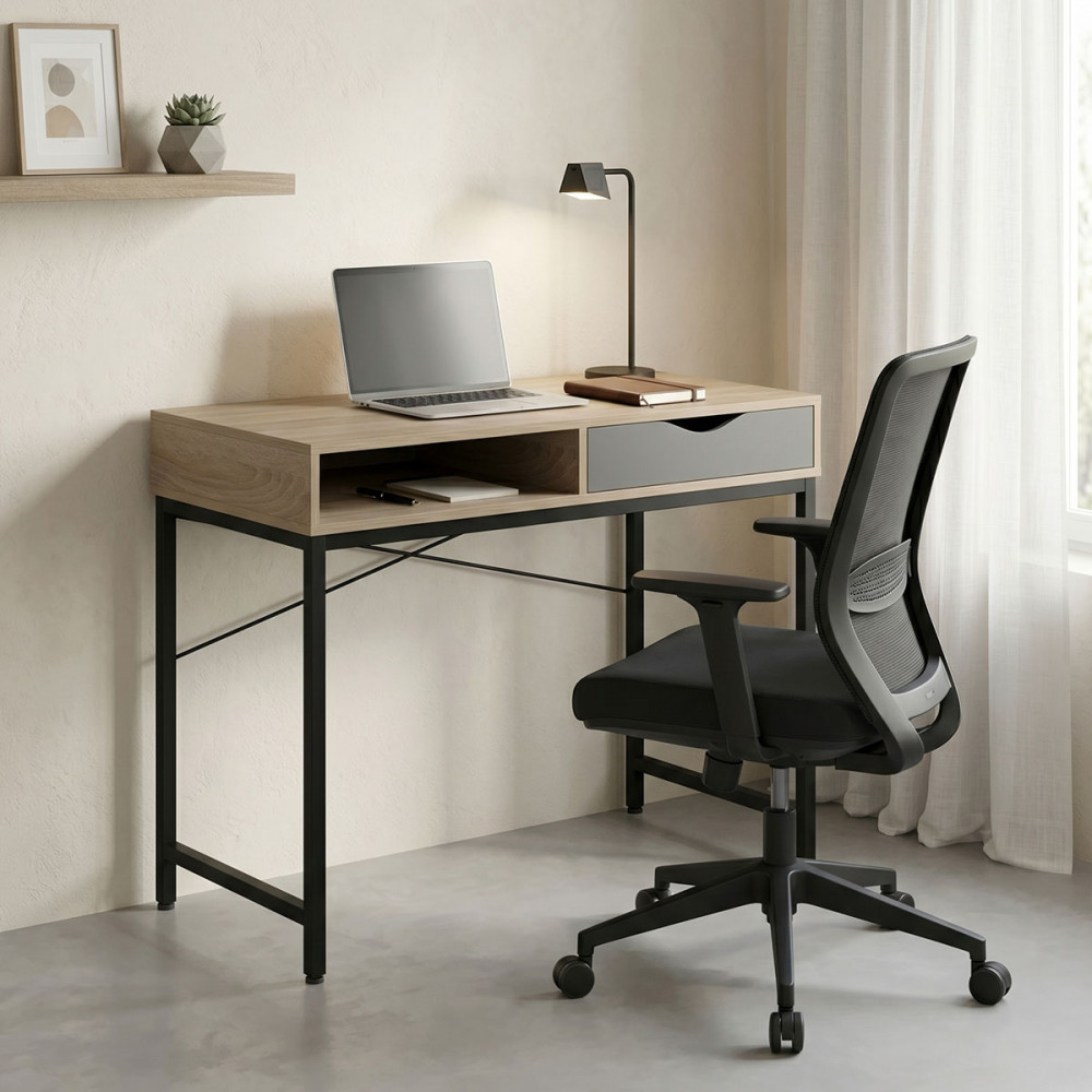 Office desk Kama pakoworld in sonoma-grey color with black metallic legs 95x48x76cm