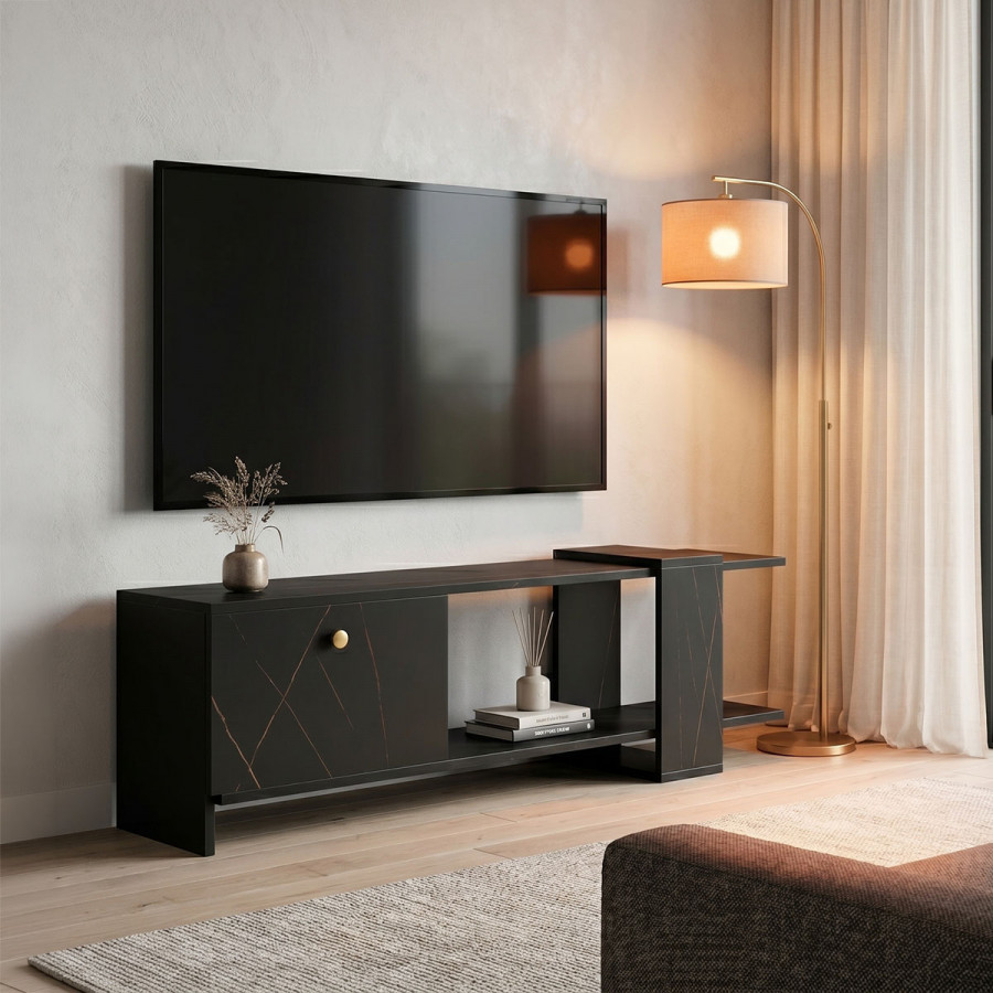 Standi pakoworld TV cabinet in black-black marble shade 120x25x36.8cm