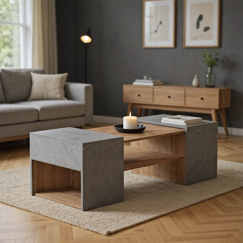 Morfi pakoworld polymorphic coffee table 3pcs in oak-beige marble shade 105x45x37cm