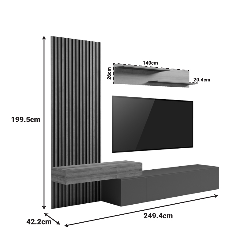 Σύνθετο σαλονιού Litende pakoworld σε ανθρακί-oak απόχρωση 249.4x42.2x199.5εκ