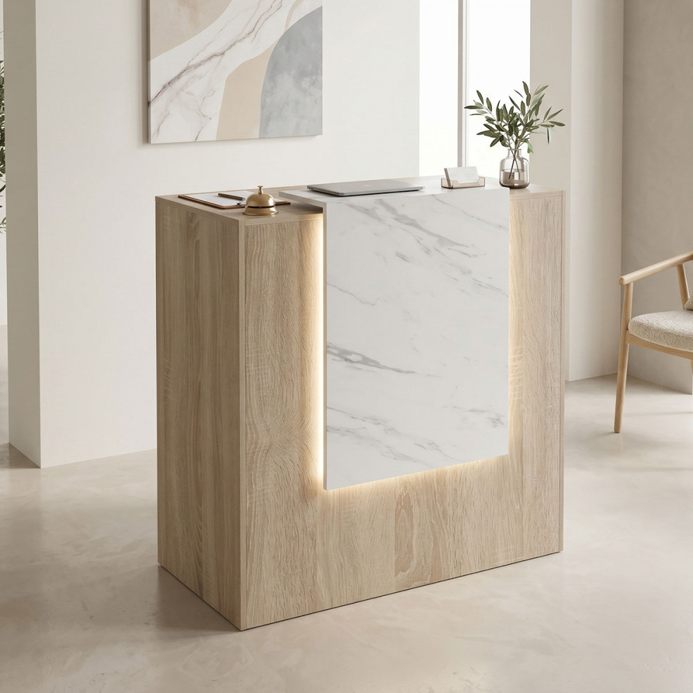 Reception desk Zowel pakoworld with LED sonoma-white marble look 90x40x110cm