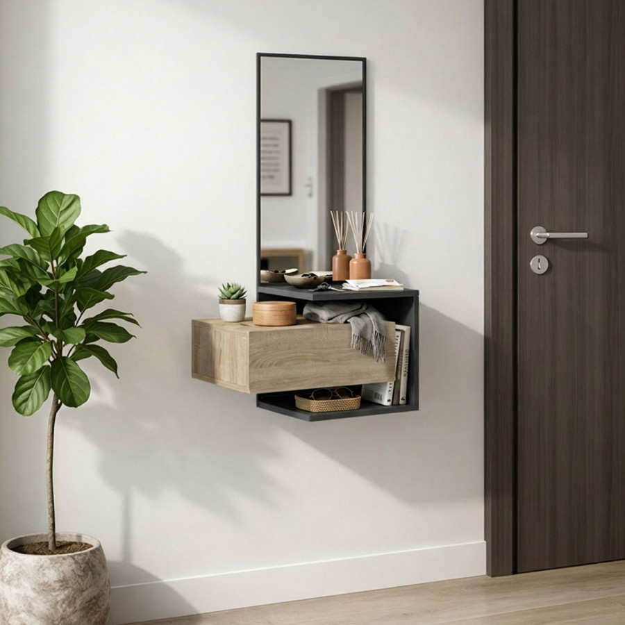 Kendi pakoworld wall-mounted entrance furniture with mirror in anthracite-sonoma 49.1x31.3x90cm