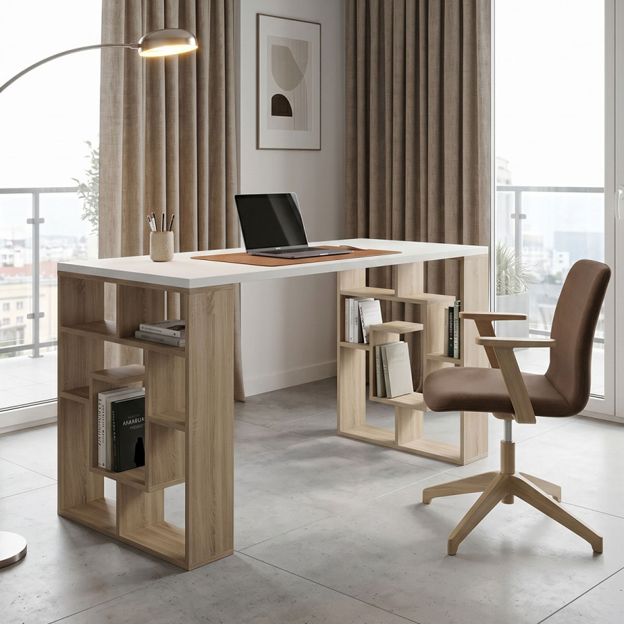 Office desk with shelf Lovet pakoworld sonoma-white 140x60x75cm
