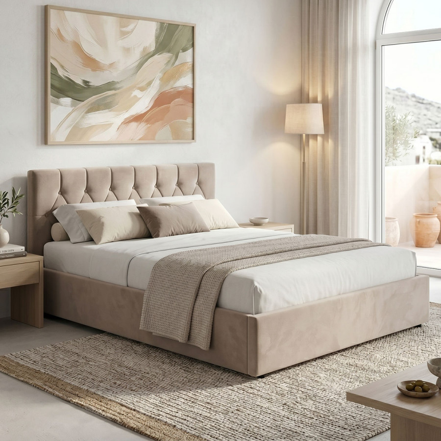 Kamaho pakoworld double bed, velvet, cream, with storage space, 160x200cm