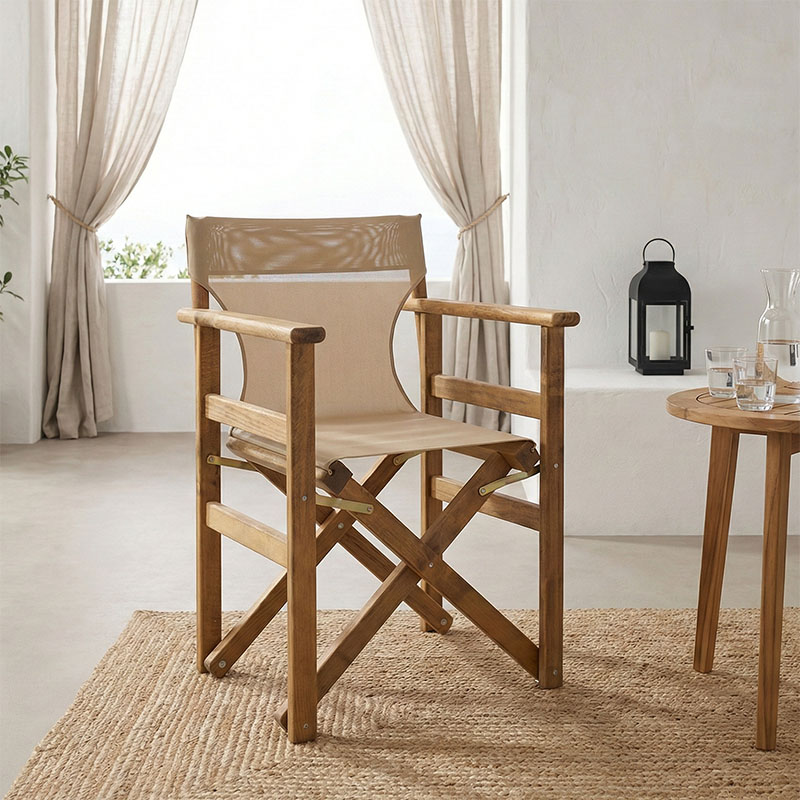 Retto Director’s Chair-Armchair by Pakoworld, solid beech wood in walnut finish – beige fabric