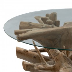 Τραπέζι σαλονιού Balance pakoworld γυαλί 6mm tempered-χειροποίητo μασίφ ξύλο φυσικό 100x100x46εκ