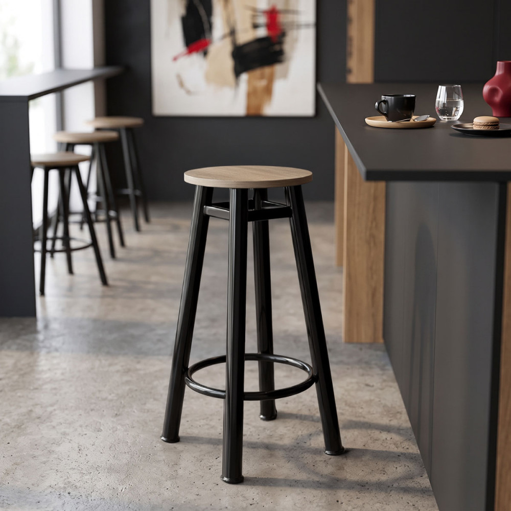 Σκαμπό μπαρ Onyx pakoworld ξύλο δρυς-μέταλλο μαύρο gloss Φ33x77εκ