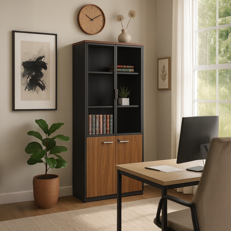 Bookcase Oscar pakoworld with doors by glass walnut-anhracite color 80x40x200cm