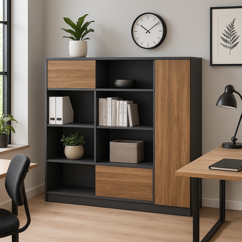 Oscar pakoworld professional office display bookcase melamine in walnut-charcoal shade 180x40x180cm Oscar pakoworld professional office display bookcase melamine in walnut-charcoal shade 180x40x180cm