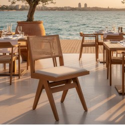 Καρέκλα Winslow pakoworld ξύλο rubberwood ανοικτό καρυδί-pvc rattan φυσικό-ύφασμα γκρι