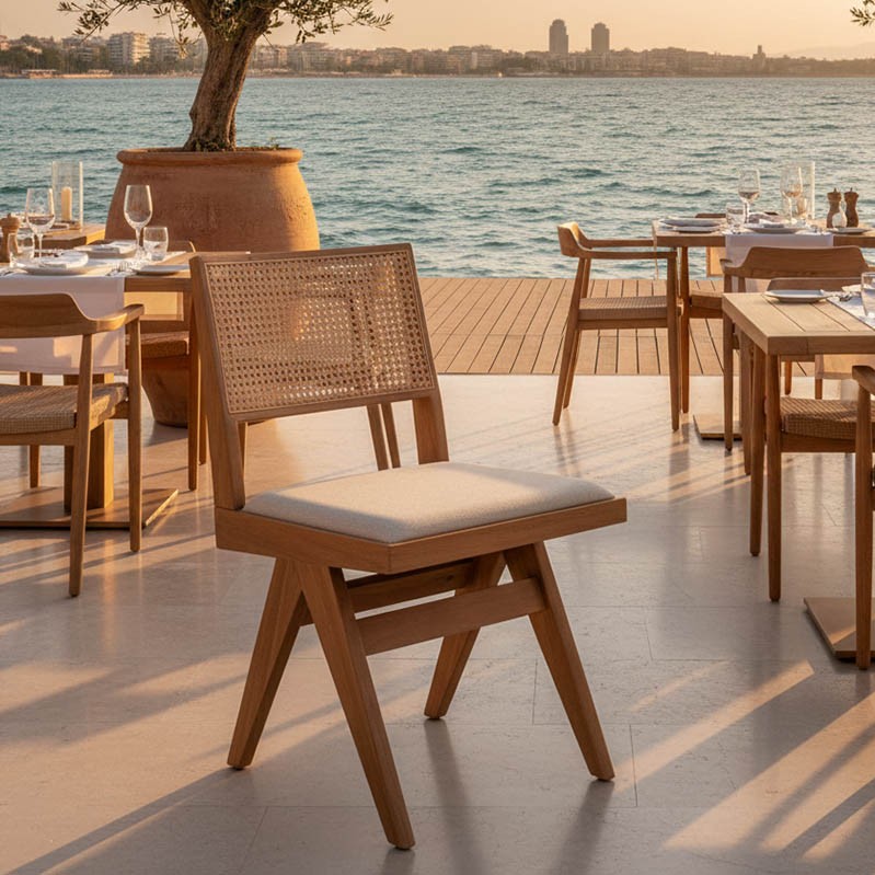 Καρέκλα Winslow pakoworld ξύλο rubberwood ανοικτό καρυδί-pvc rattan φυσικό-ύφασμα γκρι