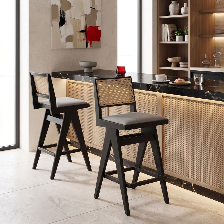 Σκαμπό bar Winslow pakoworld ξύλο rubberwood μαύρο-pvc rattan φυσικό-ύφασμα γκρι 44.5x46x98εκ