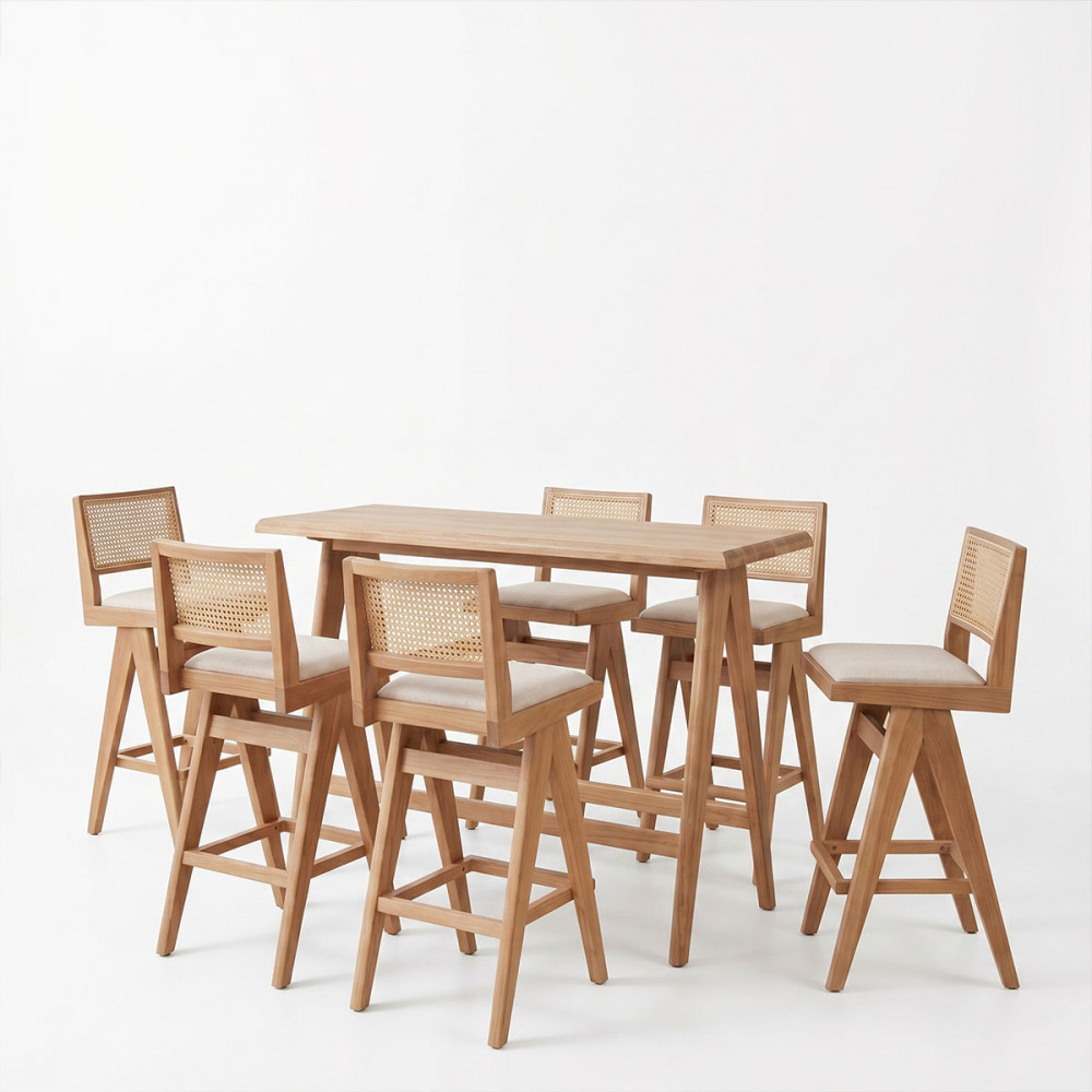 Dining bar set Winslow pakoworld set 7pieces rubberwood light walnut 120x45x100cm