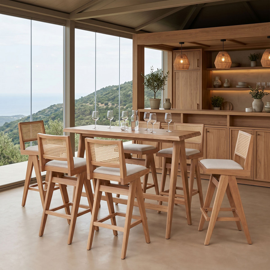 Τραπεζαρία μπαρ Winslow pakoworld σετ 7τεμ ξύλο rubberwood ανοιχτό καρυδί 120x45x100εκ