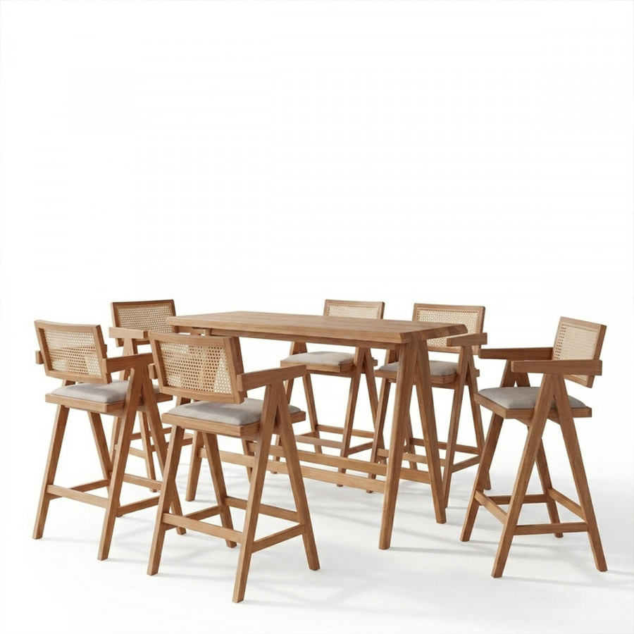 Τραπεζαρία μπαρ Winslow I pakoworld σετ 7τεμ ξύλο rubberwood ανοιχτό καρυδί 120x45x100εκ