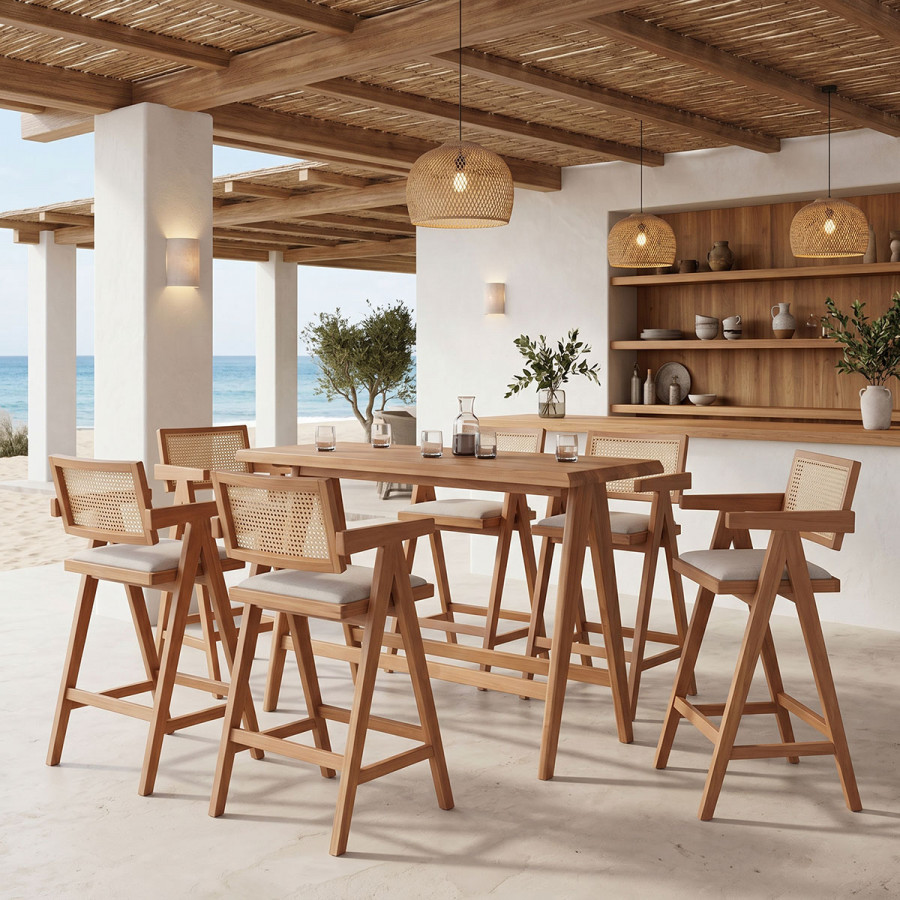 Τραπεζαρία μπαρ Winslow I pakoworld σετ 7τεμ ξύλο rubberwood ανοιχτό καρυδί 120x45x100εκ