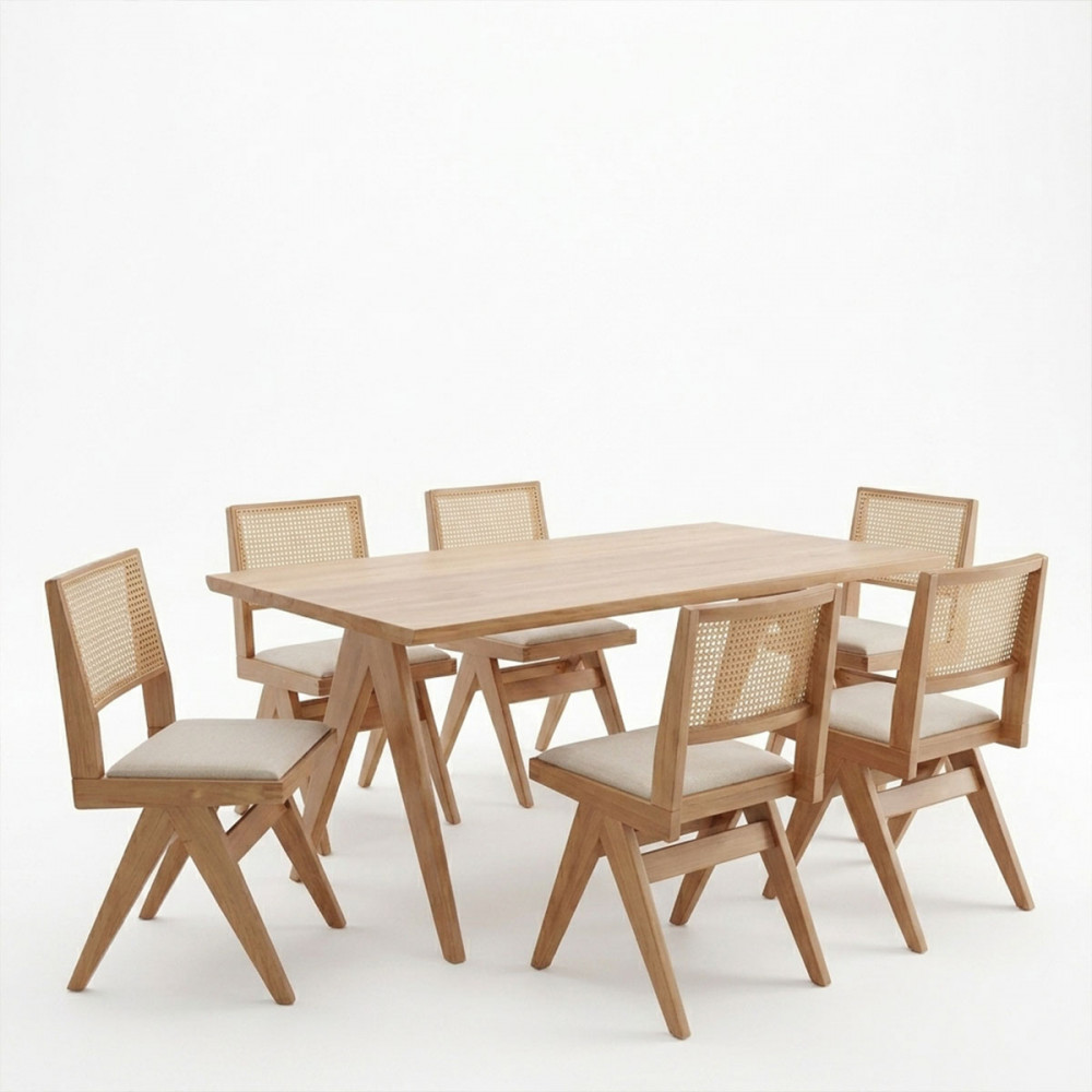 Winslow pakoworld dining table set of 7 rubberwood in light walnut shade 160x85x75cm