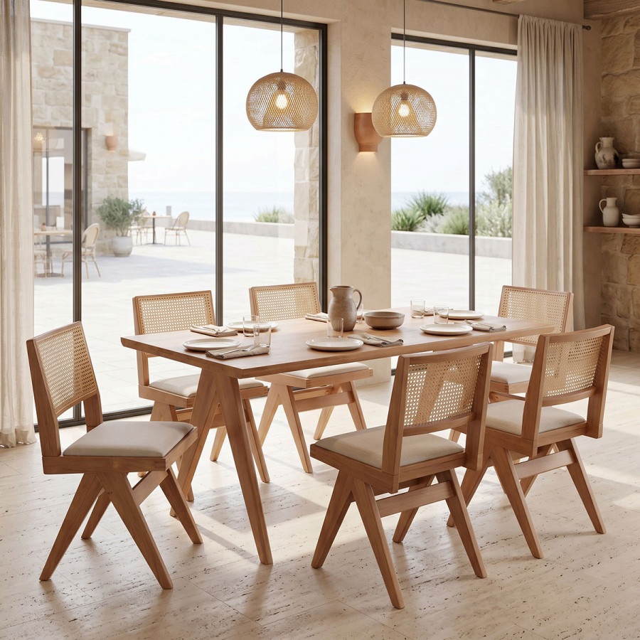 Τραπεζαρία Winslow pakoworld σετ 7τεμ ξύλο rubberwood σε ανοιχτό καρυδί απόχρωση 160x85x75εκ