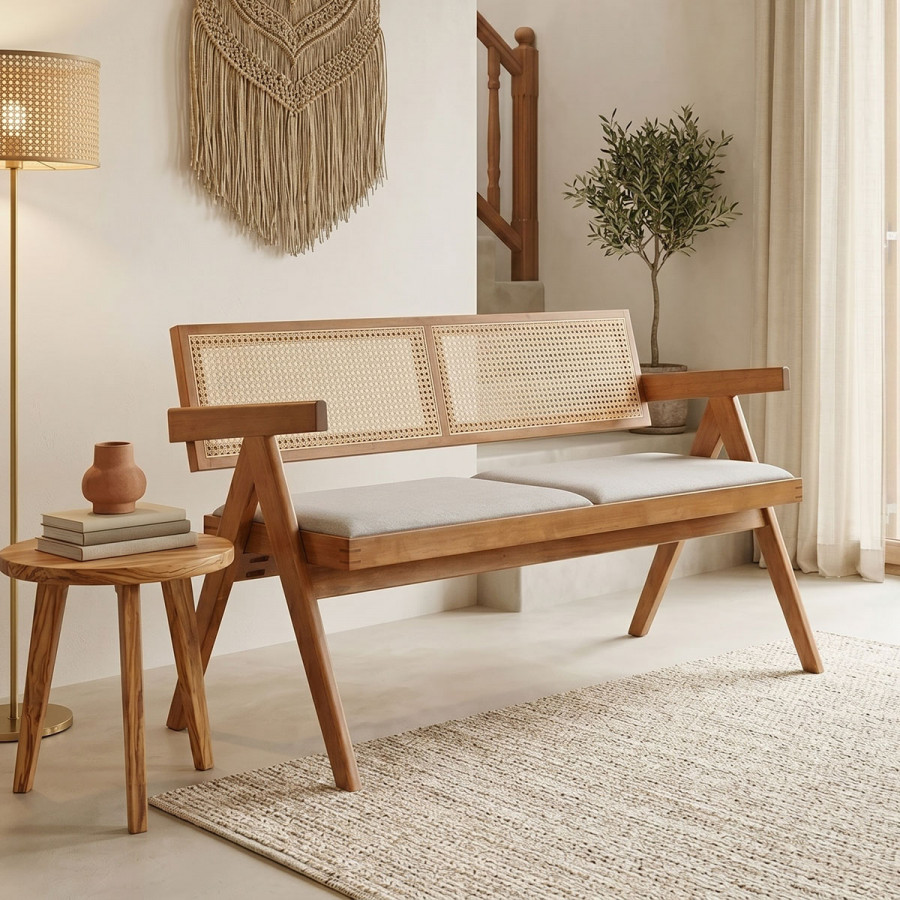 Καναπές Winslow pakoworld διθέσιος ξύλο rubberwood σε ανοιχτό καρυδί χρώμα-ύφασμα ανοιχτό γκρι 130x60x77.5εκ