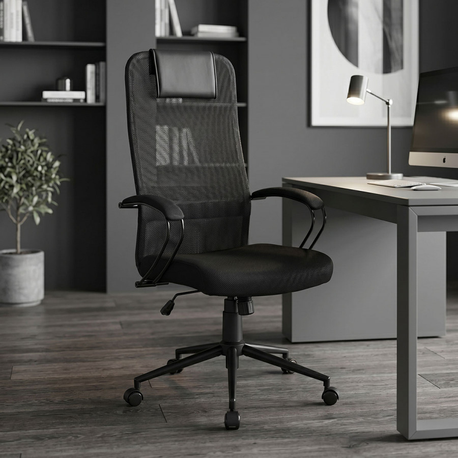 Office chair Lord I pakoworld fabric in black shade-leg black metal 64x61x116-126cm
