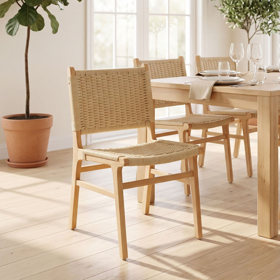 Καρέκλα Nelanto pakoworld rubberwood και επένδυση με σχοινί σε φυσικό-μαύρο χρώμα 61x54x85εκ