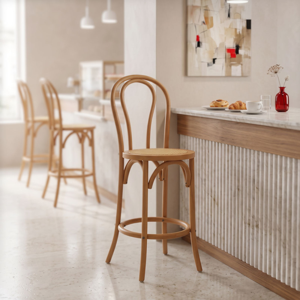 Σκαμπό μπαρ Thonet pakoworld φυσικό ξύλο οξιάς-έδρα φυσικό rattan 41x50x105εκ