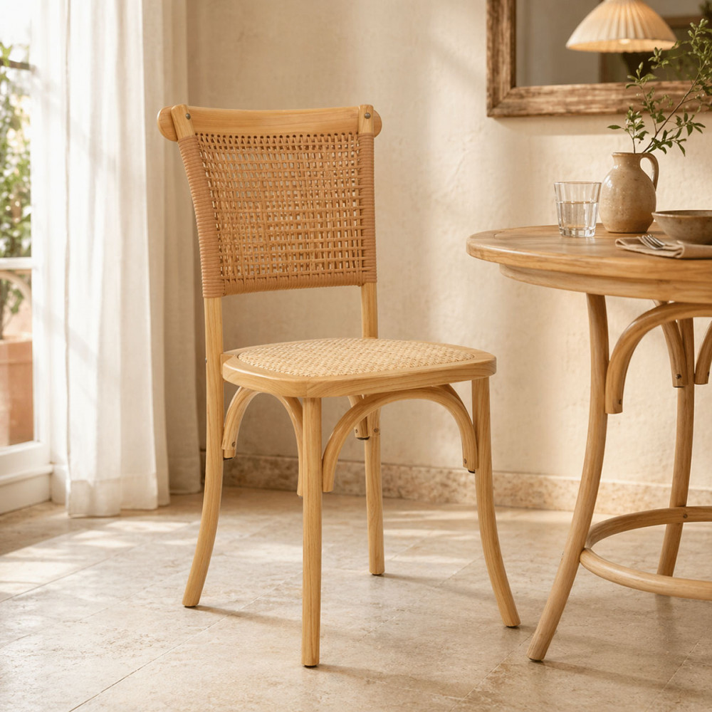 Καρέκλα Karley pakoworld φυσικό ξύλο οξιάς-έδρα φυσικό rattan 48x52x89εκ