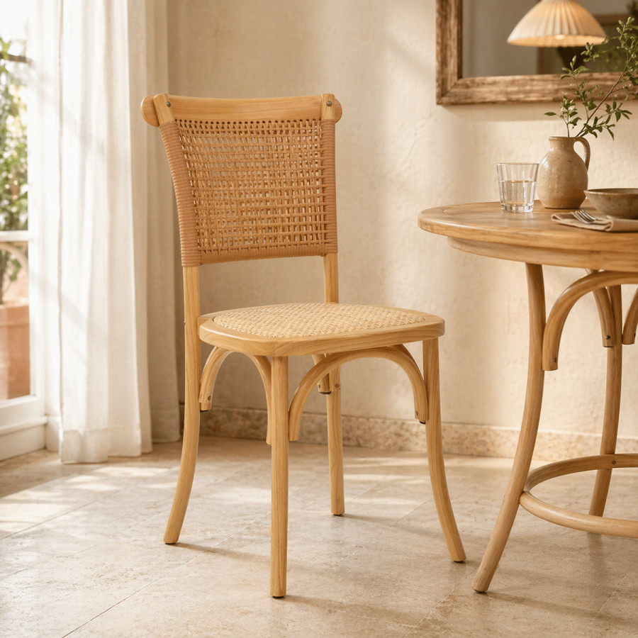 Καρέκλα Karley pakoworld φυσικό ξύλο οξιάς-έδρα φυσικό rattan 48x52x89εκ