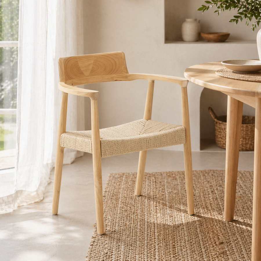 Πολυθρόνα Jojene pakoworld rubberwood και σχοινί σε φυσική απόχρωση 58x54x79εκ