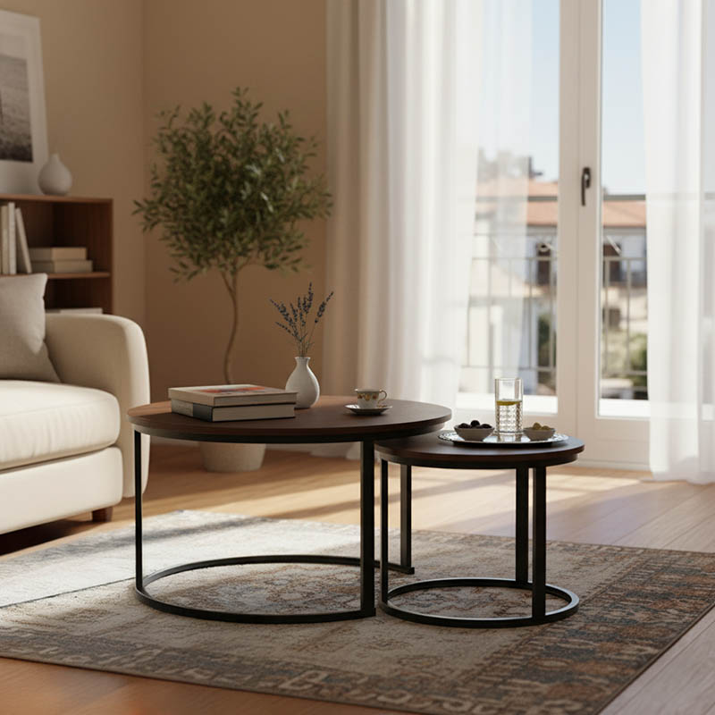 Coffee tables Solme I pakoworld 2pcs in walnut color with black metal legs