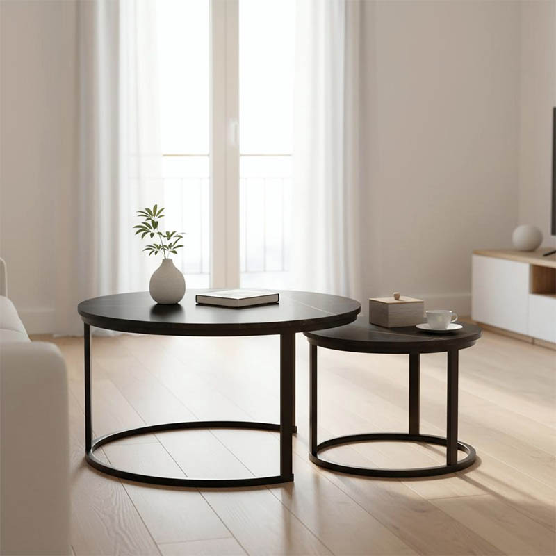 Coffee tables Solme I pakoworld 2pcs in black marble color with black metal legs