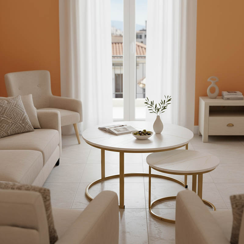 Coffee tables Solme I pakoworld 2pcs in white marble color with gold metal legs