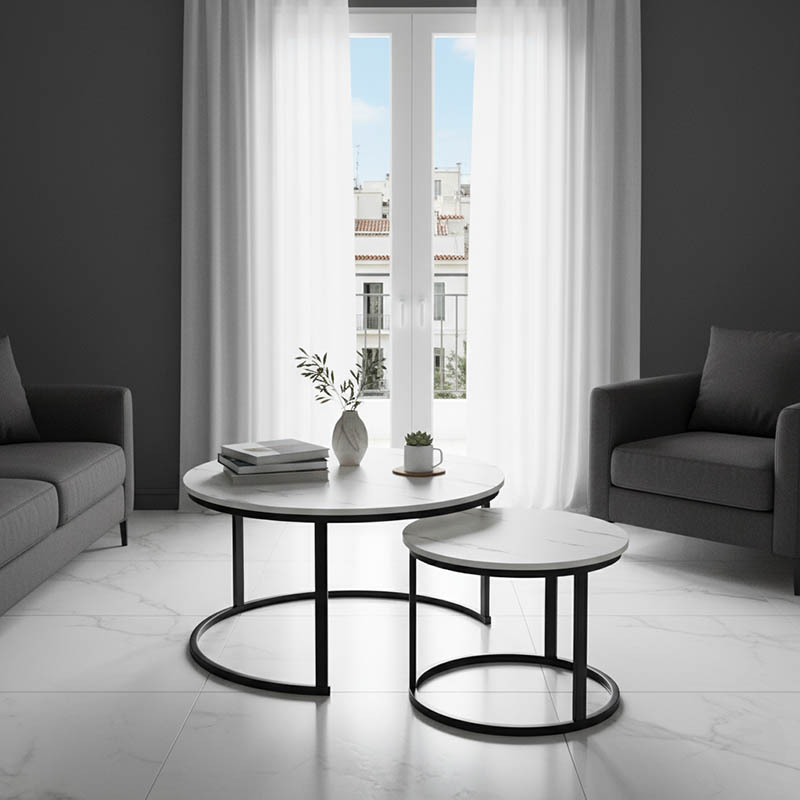 Coffee tables Solme I pakoworld 2pcs in white marble color with black metal legs