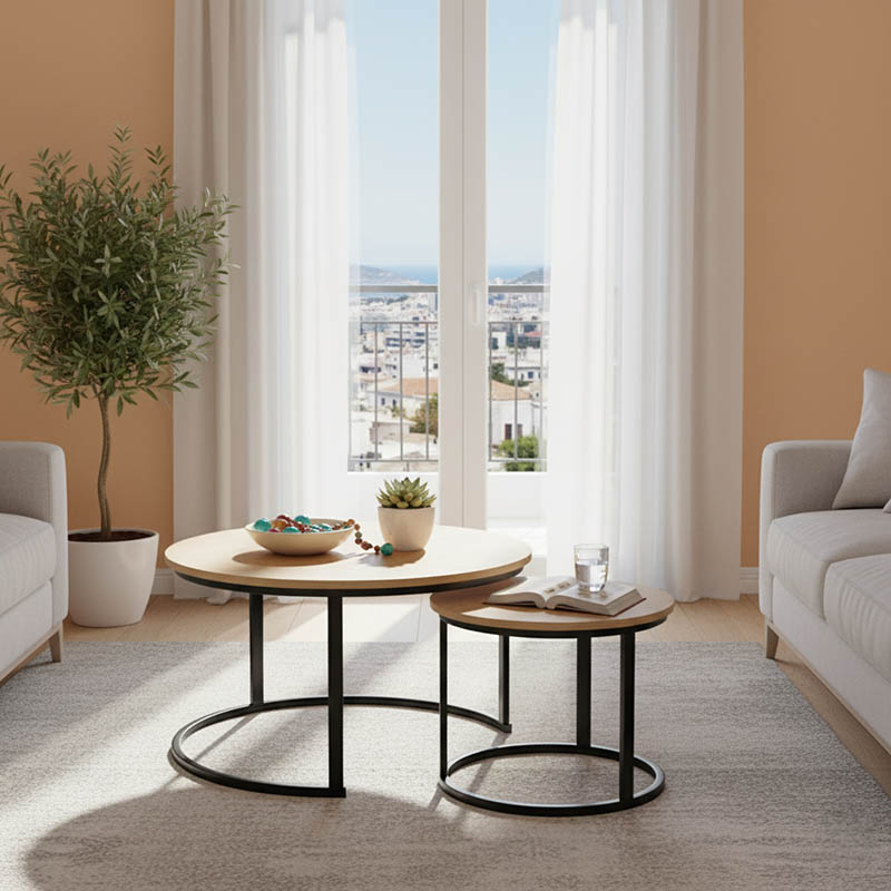 Coffee tables Solme I pakoworld 2pcs in oak color with black metal legs