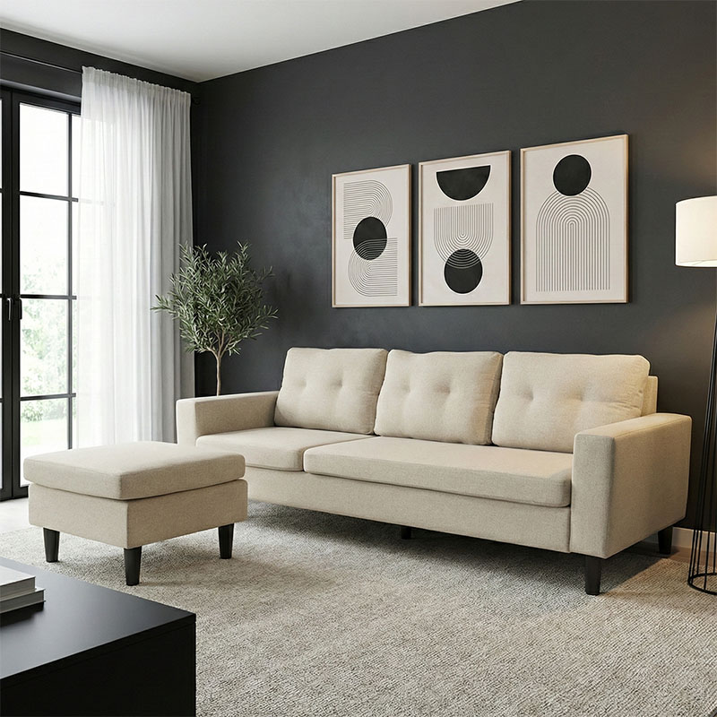 Γωνιακός καναπές αναστρέψιμος Maneli pakoworld ύφασμα αμμου -μπεζ 196x138/77x82εκ