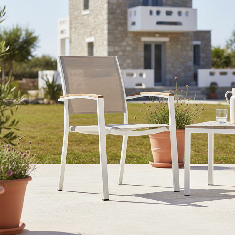 Azelie pakoworld aluminum armchair in beige textilene shade and white leg 56x75x88cm