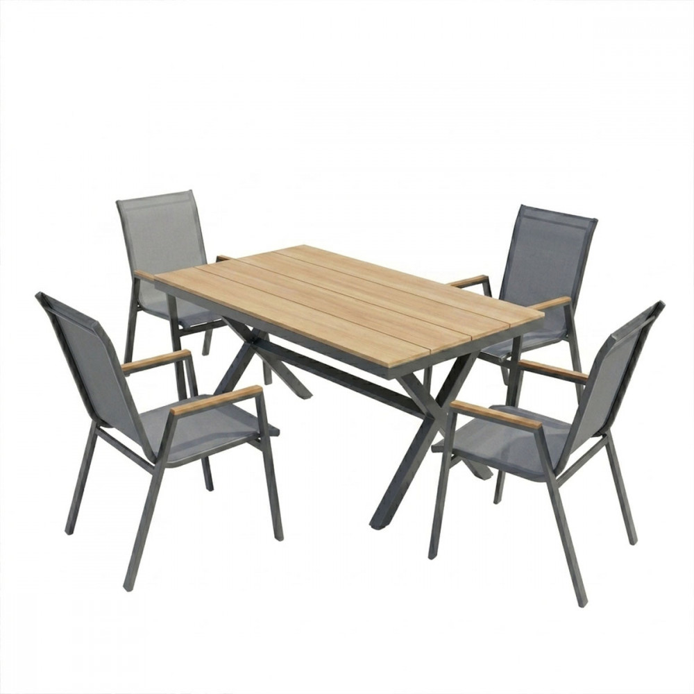 Thorio-Azelie dining table set of 5 pakoworld anthracite aluminum and plywood in natural shade 160x90x75cm