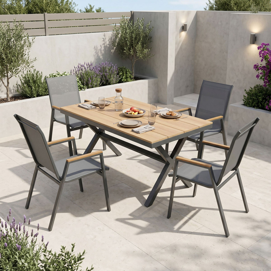 Thorio-Azelie dining table set of 5 pakoworld anthracite aluminum and plywood in natural shade 160x90x75cm