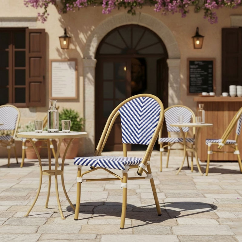 Καρέκλα Uamrin pakoworld στοιβαζόμενη φυσικό αλουμίνιο-λευκό και μπλε pe rattan 46x57x85εκ