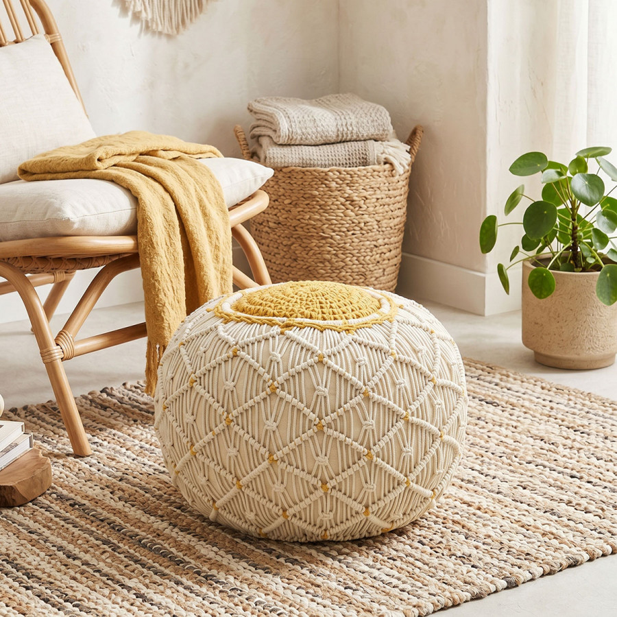 Boha Inart jute stool-pouf in yellow and white shade D40x30cm