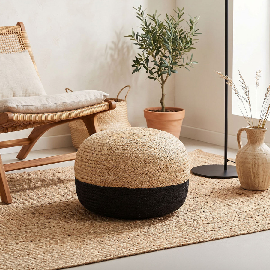 Brana Inart jute stool-pouf in natural and black shade D40x30cm