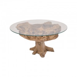 Coffee table Motive Inart natural-black solid teak wood-glass D80x45cm Coffee table Motive Inart natural-black solid teak wood-glass D80x45cm