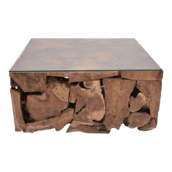 Gelon Inart coffee table natural solid wood teak-glass 100x100x45cm Gelon Inart coffee table natural solid wood teak-glass 100x100x45cm