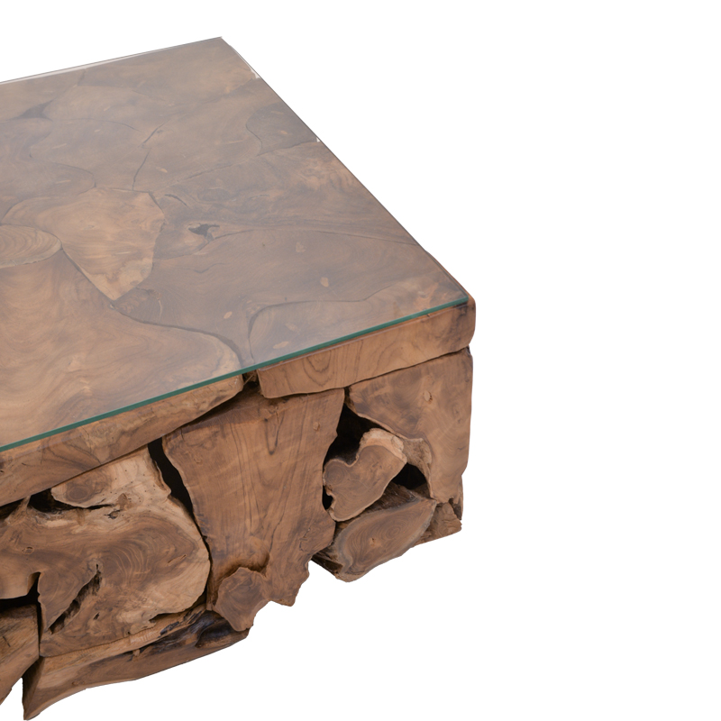Gelon Inart coffee table natural solid wood teak-glass 100x100x45cm Gelon Inart coffee table natural solid wood teak-glass 100x100x45cm