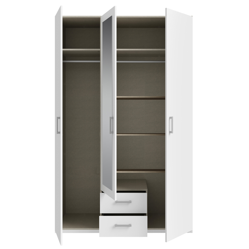 Jakrine pakoworld melamine three-leaf wardrobe melamine with mirror in white with 3 grey shelves 133.2x54.2x210.5cm Jakrine pakoworld melamine three-leaf wardrobe melamine with mirror in white with 3 grey shelves 133.2x54.2x210.5cm