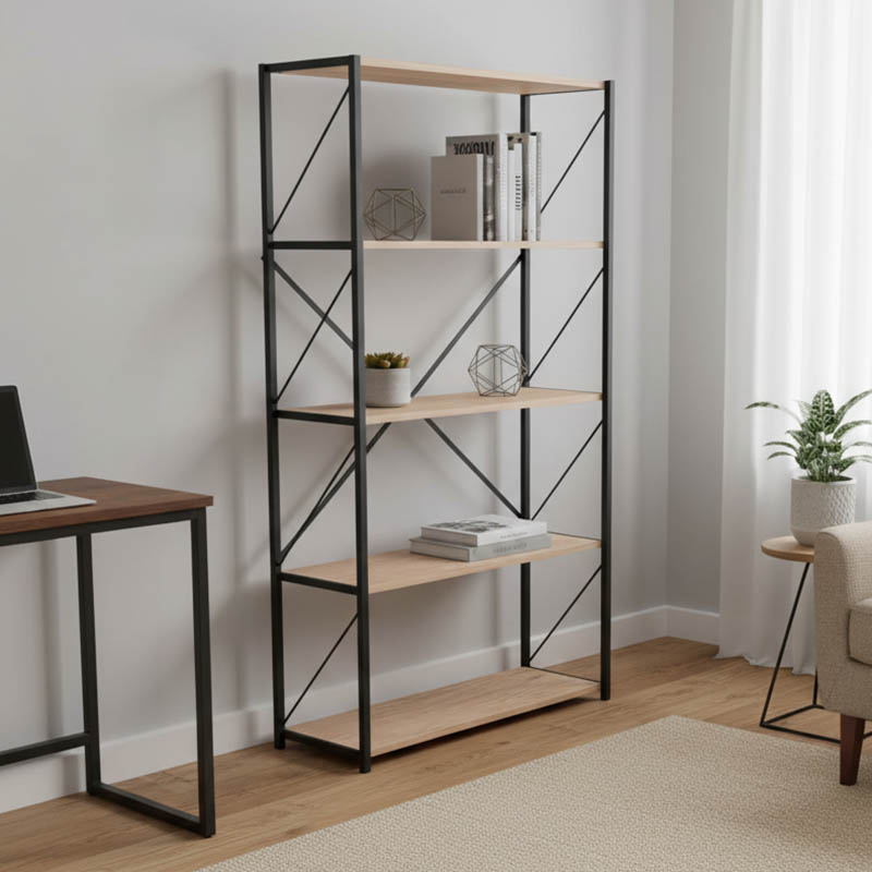 Bookcase Tikilmo pakoworld oak melamie-black metal 88x34x180cm